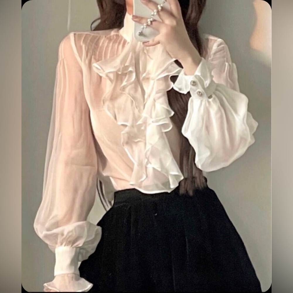 Vintage-Inspired 100% Silk Organza Ruffle Jabot Blouse Sheer Cream Blouse